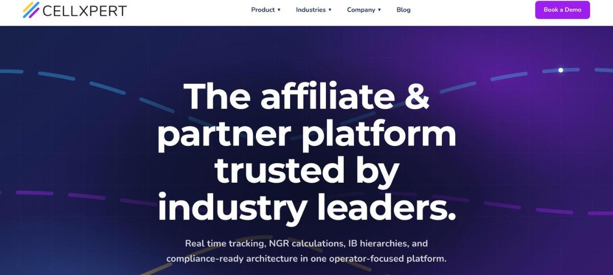 Screenshot of the Cellxpert affiliate platform homepage, an iGaming affiliate management tool