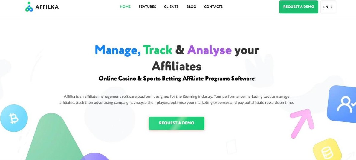 Screenshot of the Affilka by SOFTSWISS affiliate platform homepage, an iGaming affiliate management tool