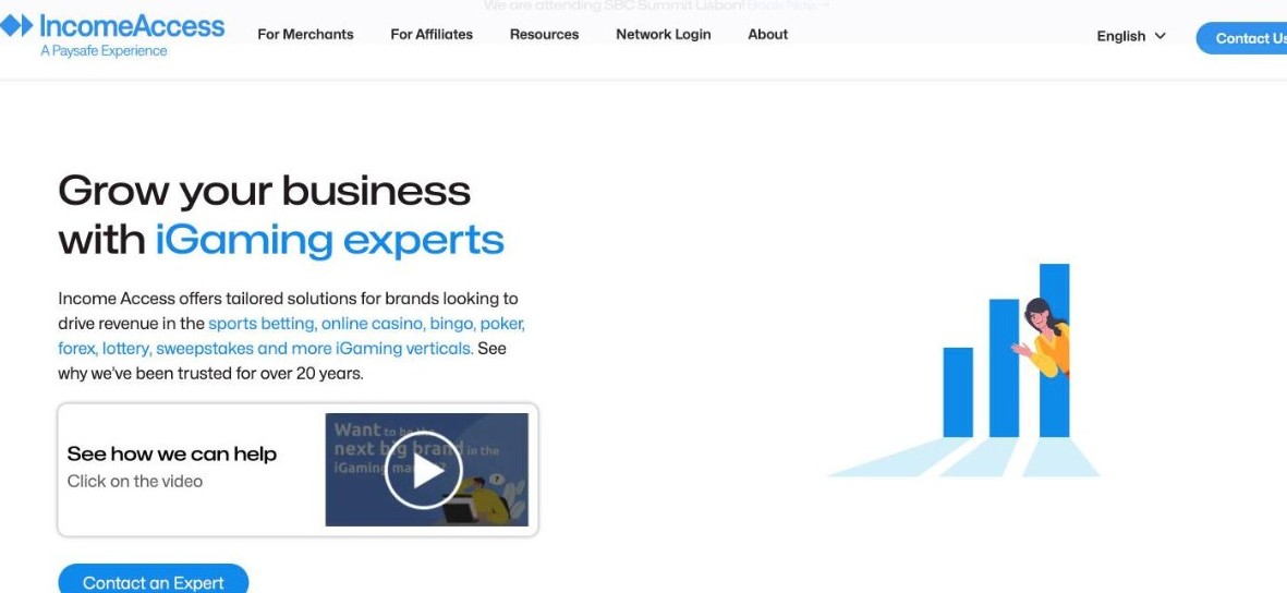 Screenshot of the Income Access affiliate platform homepage, an iGaming affiliate management tool
