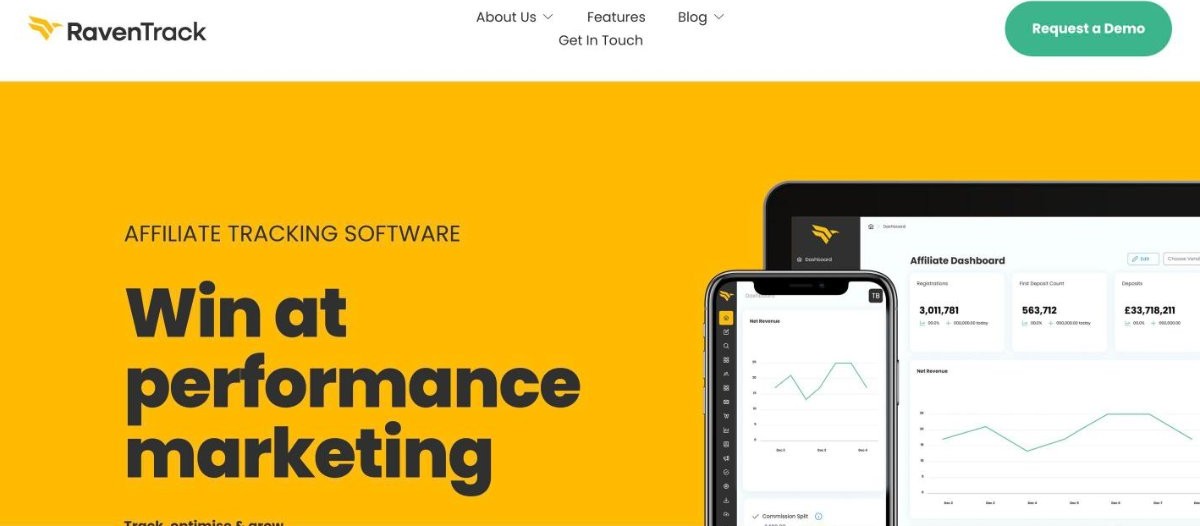 Screenshot of the RavenTrack affiliate platform homepage, an iGaming affiliate management tool