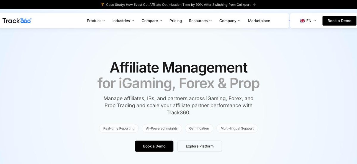 Screenshot of the Track360 affiliate platform homepage, an iGaming affiliate management tool
