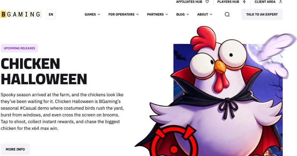 BGaming website homepage, casual and crash-style slot studio