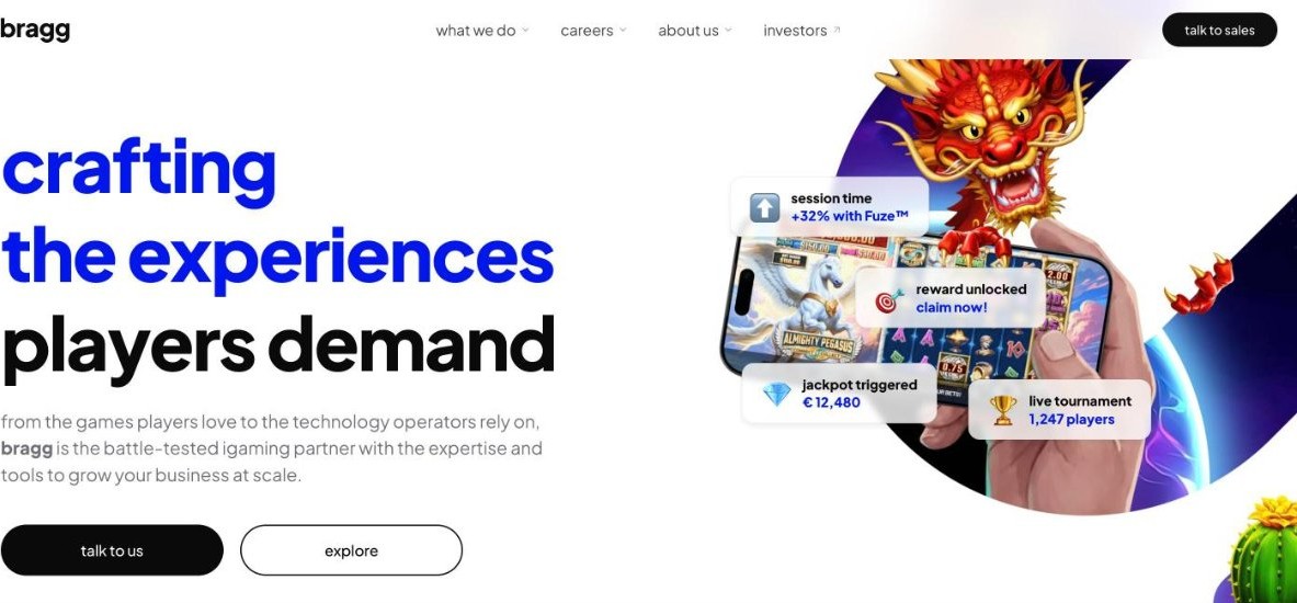 Bragg Gaming Group homepage, operator of the Bragg HUB content aggregation platform