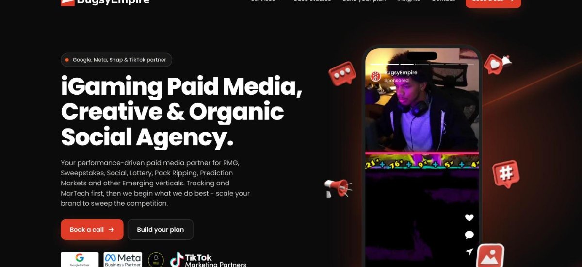 Bugsy Empire homepage presenting paid social and programmatic services for betting brands