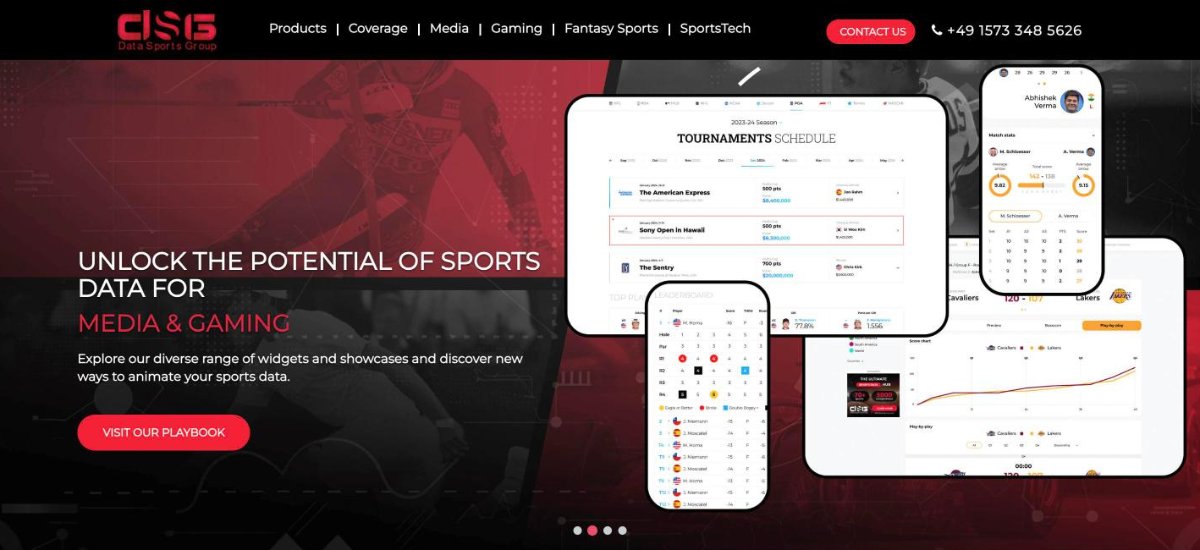 Data Sports Group homepage offering sports data feeds and widgets for 80+ sports