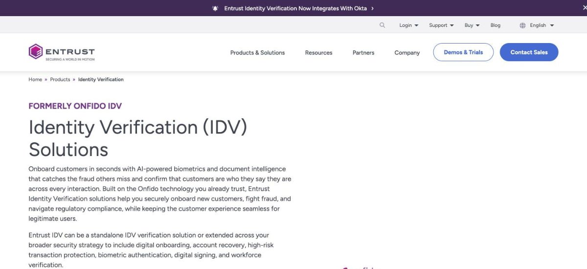Entrust identity verification product page, formerly Onfido