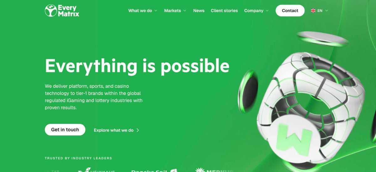 EveryMatrix homepage promoting its CasinoEngine and SlotMatrix casino game aggregation platform