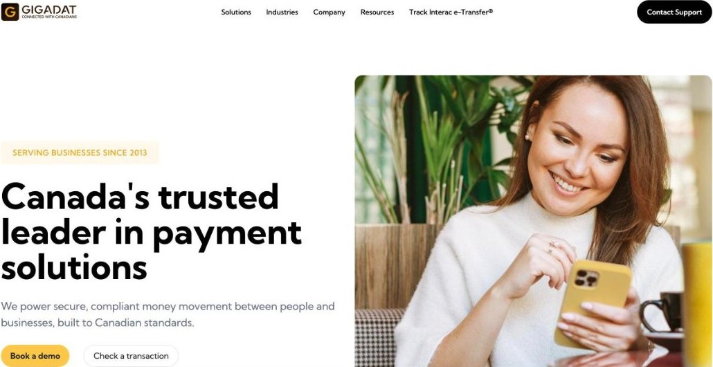 Gigadat homepage for Interac e-Transfer payments in Canada