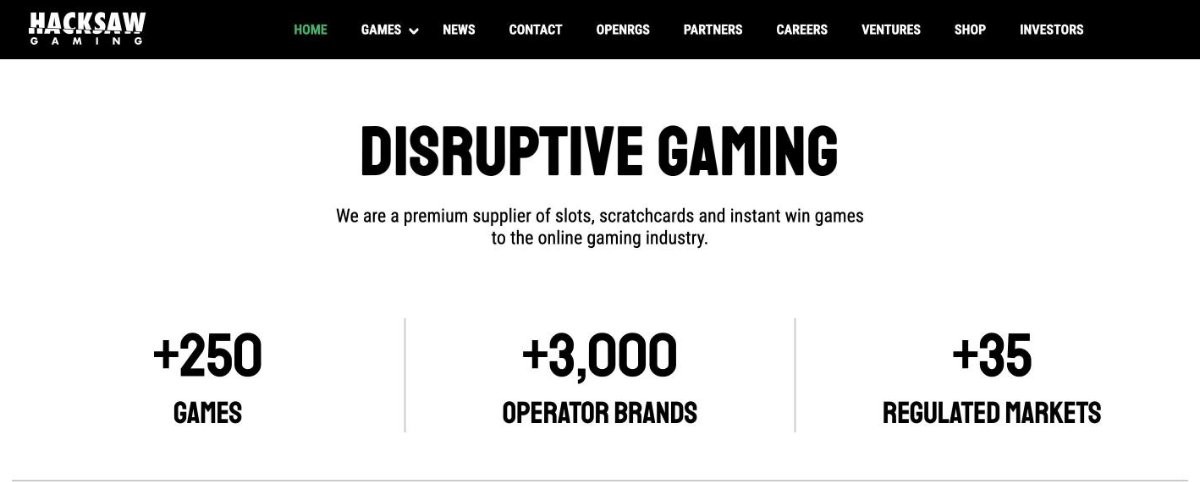 Hacksaw Gaming website homepage, high-volatility slot studio