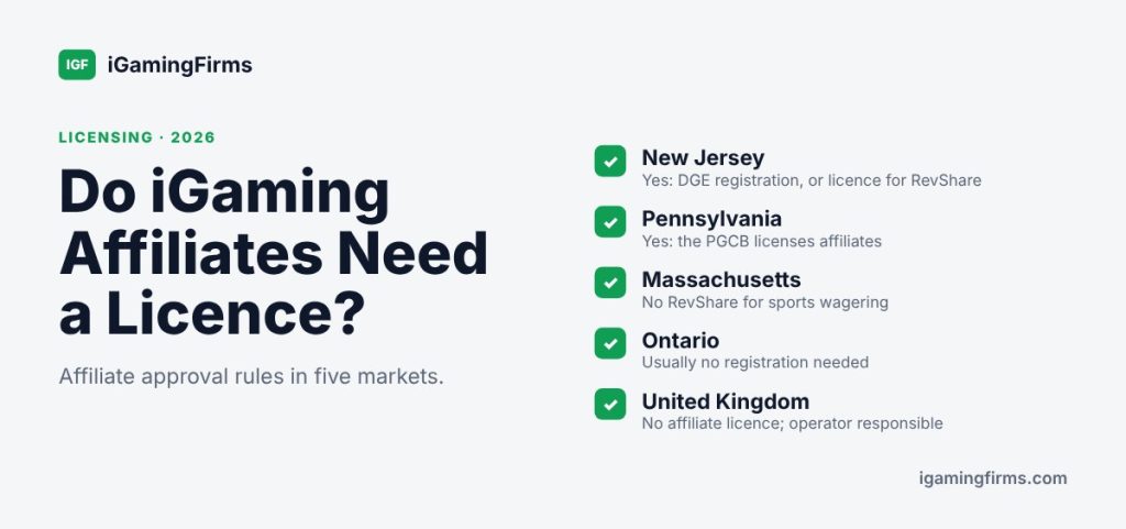 iGaming affiliate marketing licensing: New Jersey and Pennsylvania require approval, Massachusetts bars RevShare for sports wagering