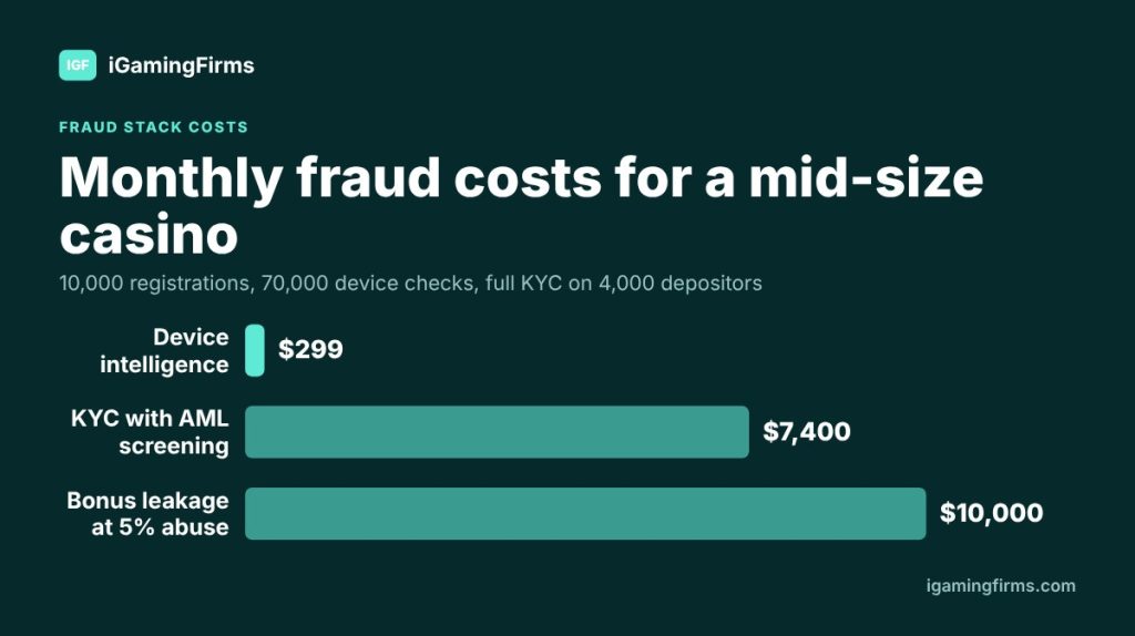 iGaming fraud detection cost example: $299 device checks and $7,400 KYC a month vs $10,000 bonus leakage at a 5% abuse rate