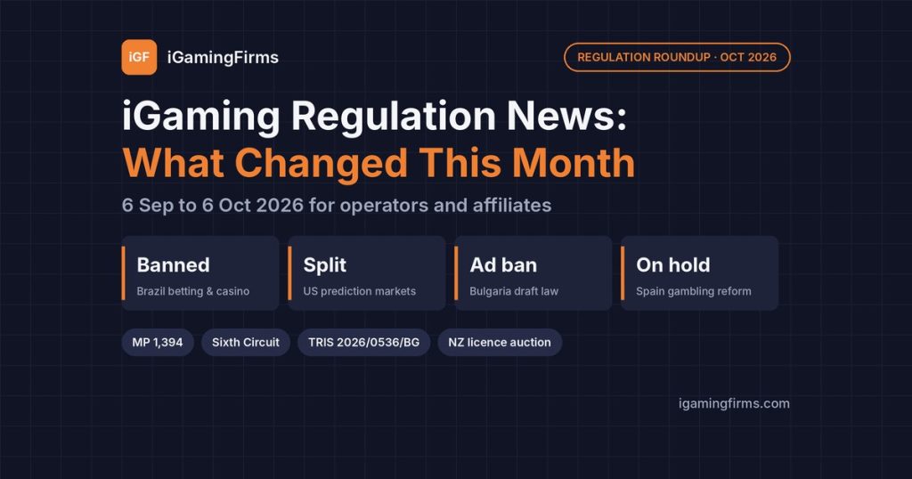 iGaming regulation news roundup October 2026: Brazil betting ban, US prediction markets split, Bulgaria ad ban, Spain reform on hold