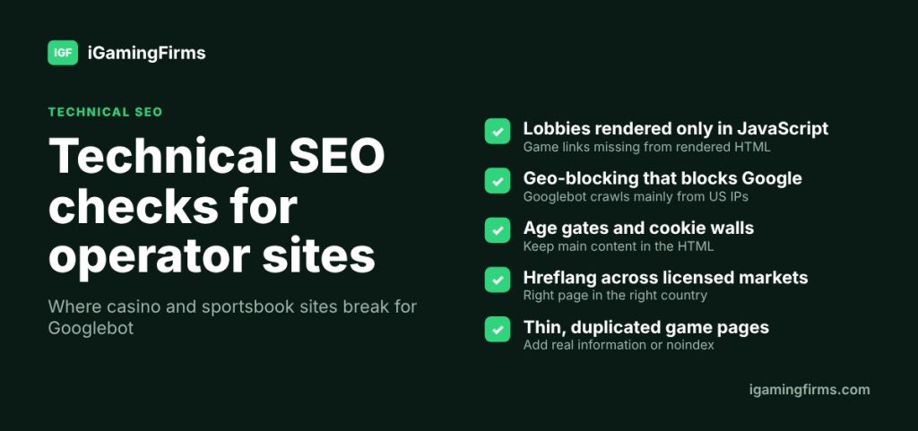 iGaming SEO technical checklist: JavaScript lobbies, geo-blocking Googlebot, age gates, hreflang across licensed markets, thin game pages