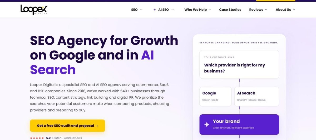 Loopex Digital homepage, a link-led SEO agency with an iGaming service