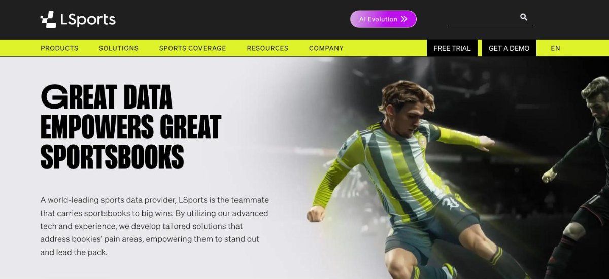 LSports homepage showing its pre-match and in-play sports betting data feed