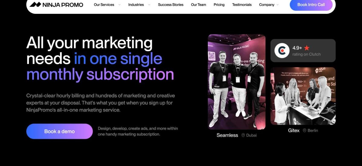 NinjaPromo homepage showing its subscription-based digital marketing offer