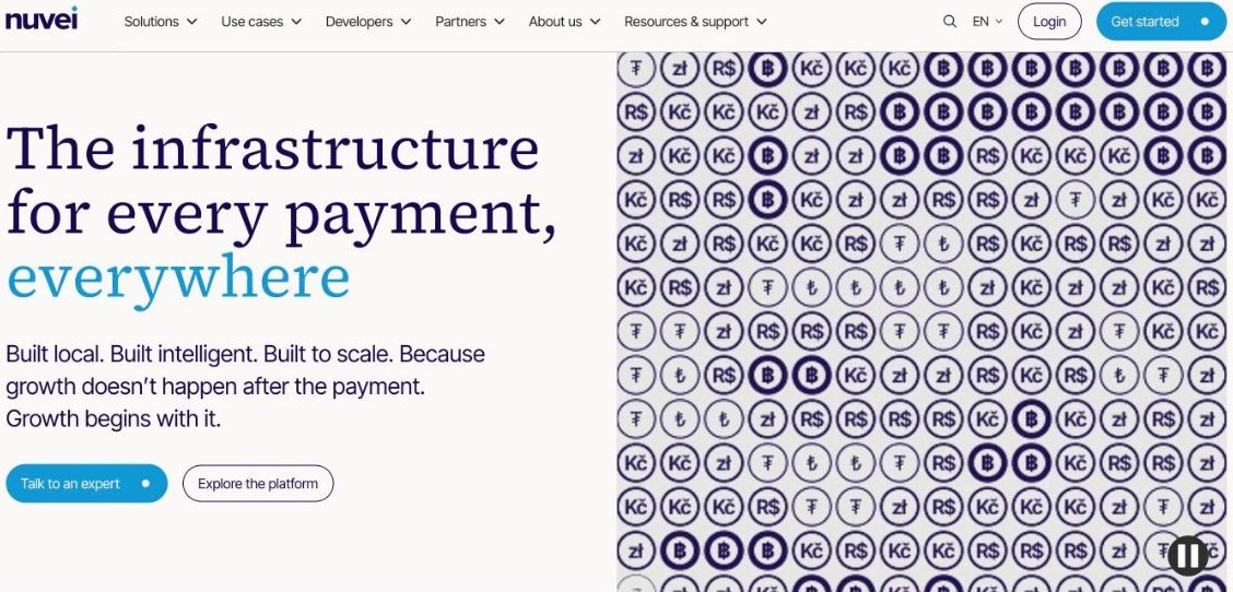Nuvei homepage for its card acquiring and alternative payment methods platform