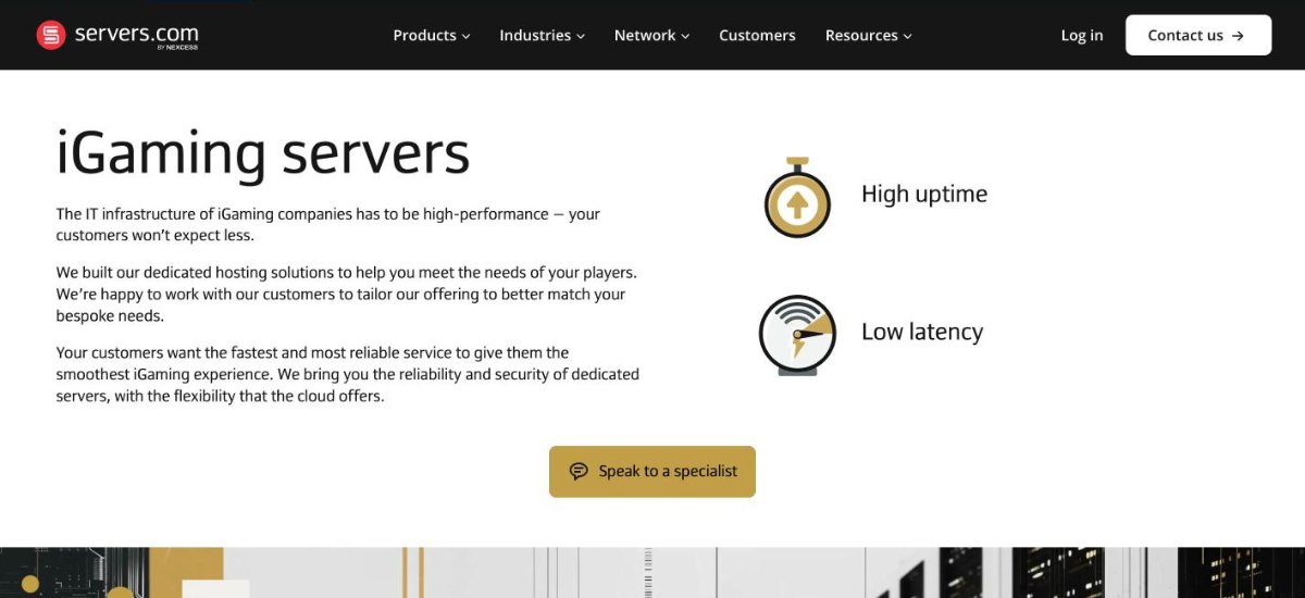 Servers.com iGaming industry page for dedicated server hosting
