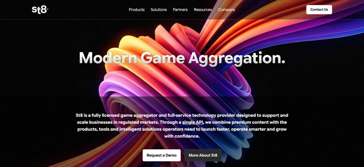 St8 game aggregator homepage promoting its bring-your-own-contract and full content models