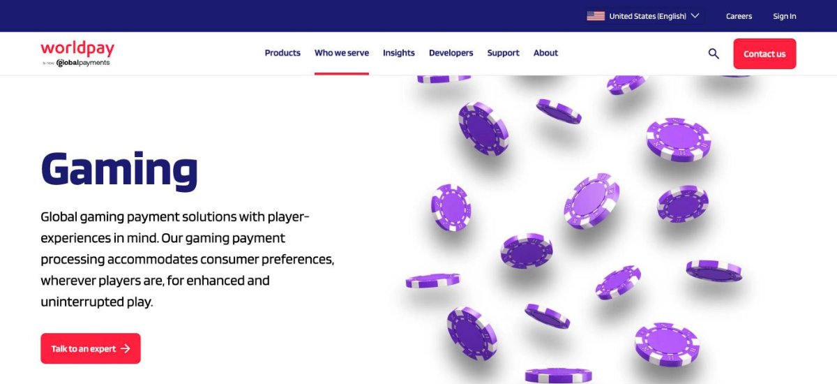 Worldpay gaming payments page for high-volume card acquiring